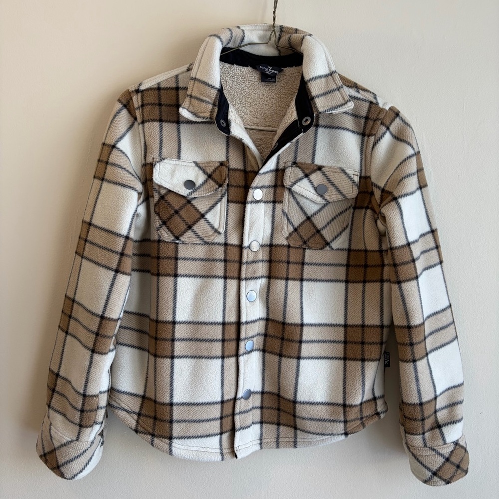Eddie Bauer Kids Faux Shearling Jacket Tan/Cream Plaid M 8-12 *see measurements